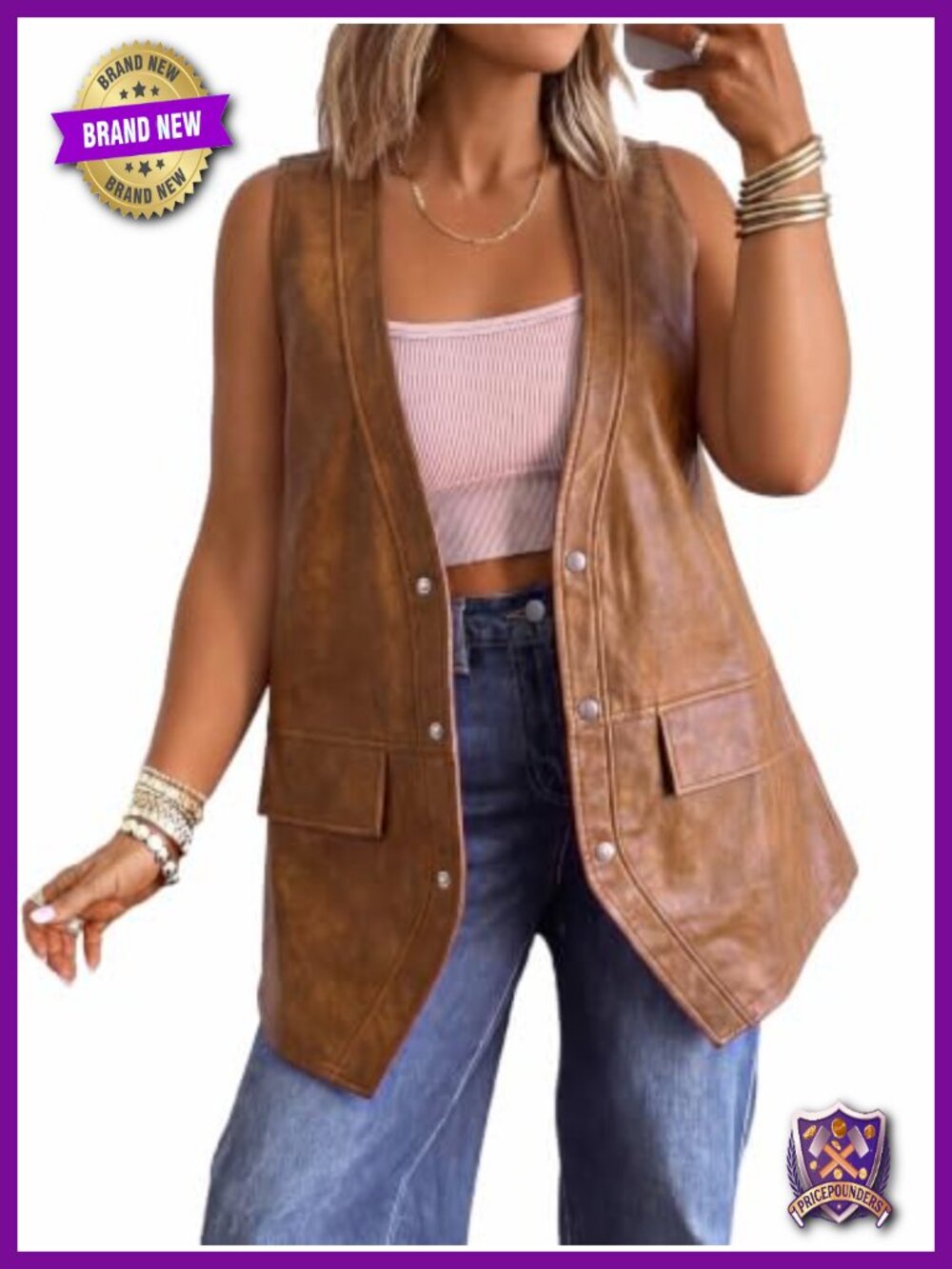 Womens Oversized Faux Leather Long Vest V Neck Sleeveless Jacket